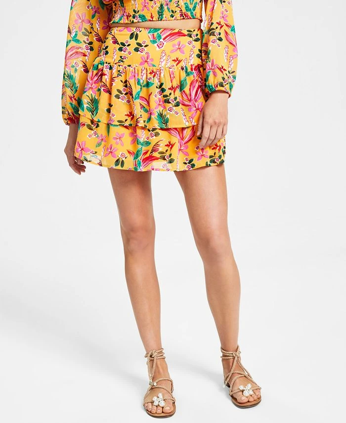 Bar III Women's Floral-Print Ruffled Pull-On Mini Skirt, Created For Macy's
