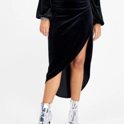 Bar III Women's Ruched Slit-Front Velvet Midi Skirt, Created For Macy's