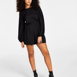 Bar III Women's Long-Sleeve Crewneck Tie-Back Romper, Created For Macy's