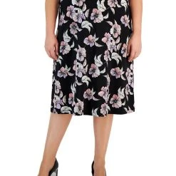 Kasper Plus Size Floral Pull-On Waistband Midi Skirt