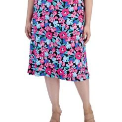Kasper Plus Size Floral-Print Pull-On Flared Midi Skirt