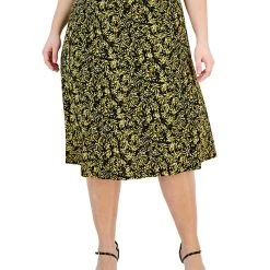 Kasper Plus Size Leaf-Print Pull-On Midi Skirt